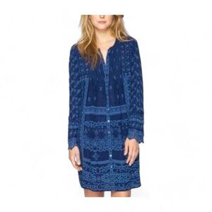 JOHNNY WAS DRESS “Asheena” Blue Embroidered Eyelet Button Down Dress. Size L